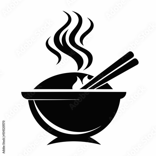 Bowl of asian food with steam and chopsticks isolated on white