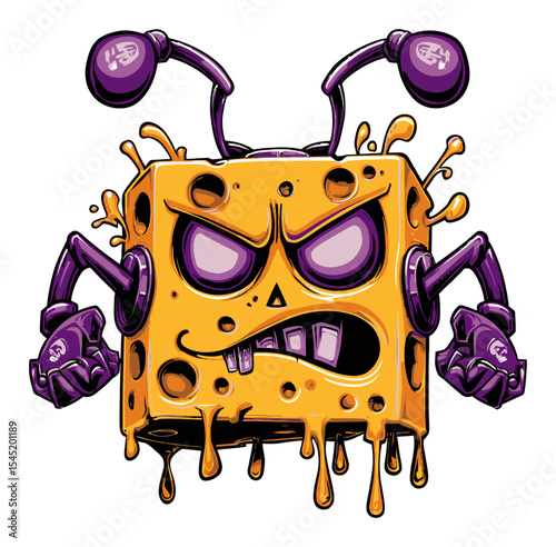 Angry Cartoon Cheese Character with Arms and Antennae in Vector Style
