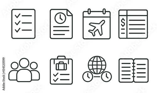 Trip planning icons set – outline, travel itinerary and tourism management symbols