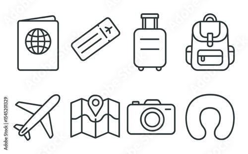 Travel essentials icons set – outline, journey and adventure design elements