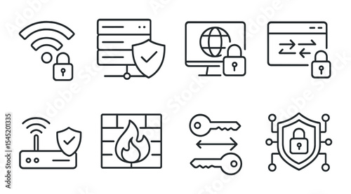 Network security line icons set – digital protection and cybersecurity symbols
