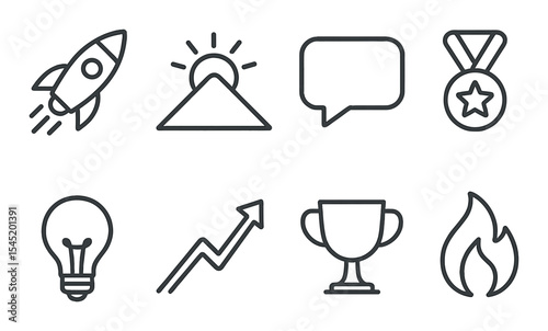 Achievement and growth icons set – linear, success and progress symbols