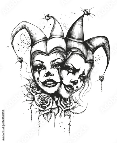 Unique Hand-Drawn Illustration of Dual Clown Faces with Roses