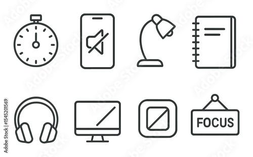 Focus tool icons set – outline, productivity and management symbols for projects
