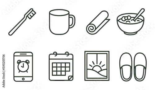 Morning routine line icons set – simple daily activities, everyday symbols
