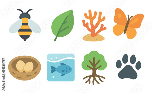 Biodiversity icons set – flat, nature and ecosystem symbols for environmental design