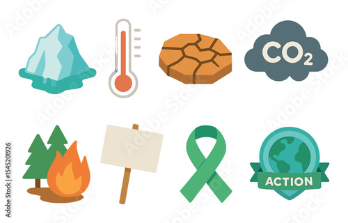 Climate awareness icons set – flat style for eco, environment education symbols