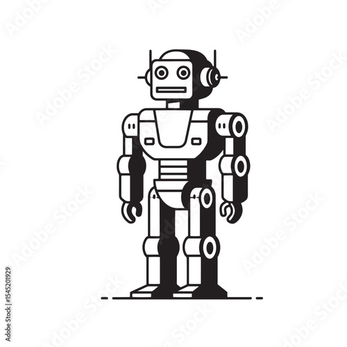 Classic standing robot illustration in a bold black and white vintage art silhouette design