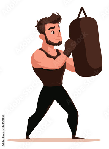 Cartoon Male Character Training with Punching Bag in Vector Art Style