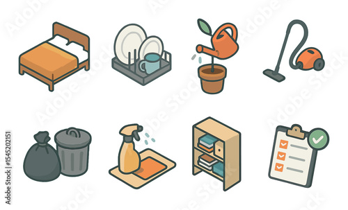 Household chores icons set – 3d, cleaning, tasks, and domestic symbols for organization