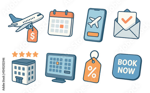 Travel booking icons set – 3d style, reservation and trip symbols collection