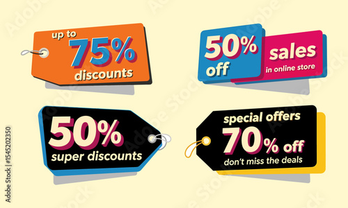 Retro Pop Art Style Sale and Discount Tags on Pale Background. Ideal for e-commerce, advertising, social media, and print materials conveying sales with a vibrant, nostalgic, and impactful aesthetic.