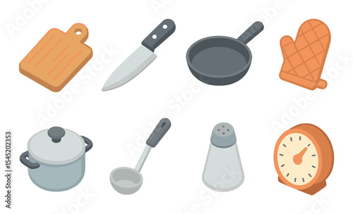 Modern kitchen essentials icons set – 3d, cooking and culinary tools collection