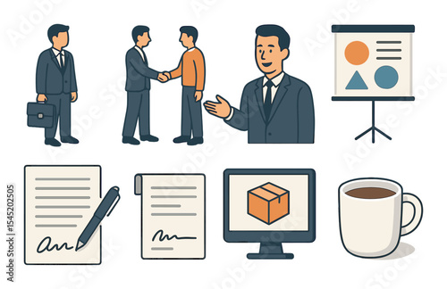 Business meeting icons set – outline, corporate and professional symbols collection