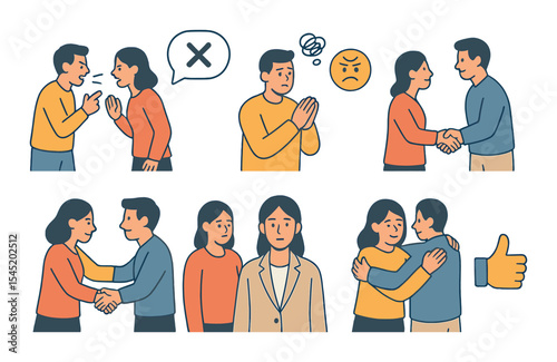Conflict resolution icons set – flat, simple and communication symbols for mediation