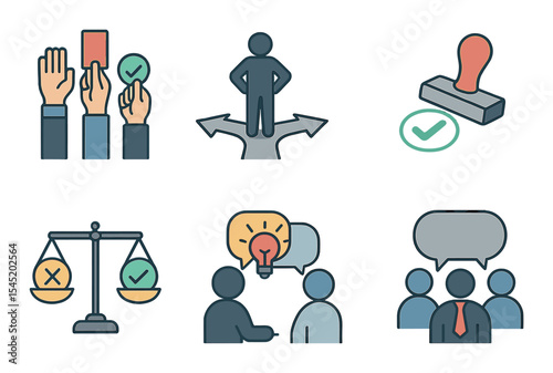 Decision making process icons set – line, guidance and strategic planning visuals