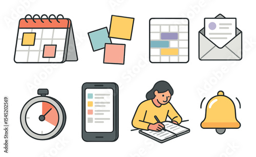 Modern planning tools icons set – outline, task management and productivity symbols