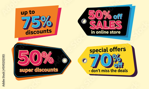 Retro Pop Art Style Sale and Discount Tags on Pale Background. Ideal for e-commerce, advertising, social media, and print materials conveying sales with a vibrant, nostalgic, and impactful aesthetic.