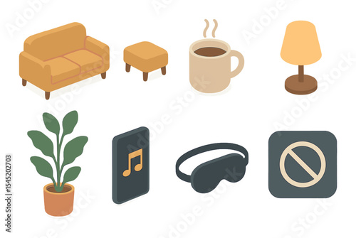 Cozy relaxation icons set – flat, comfort, and leisure symbols for serene living