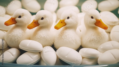 A group of white ducks with orange beaks and feet, arranged in a circular pattern on a blue plate with a white background.