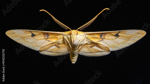 A yellow and black moth with long antennae and wings, perched on a black background.