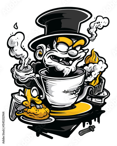 Vintage Cartoon Character with Cup, Smoke, and Dynamic Food Elements