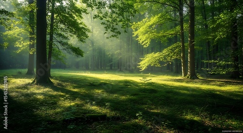Sunlit forest path morning sunlight through trees