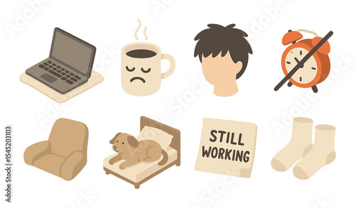 Remote work flat icons set – home office, productivity and telecommuting symbols