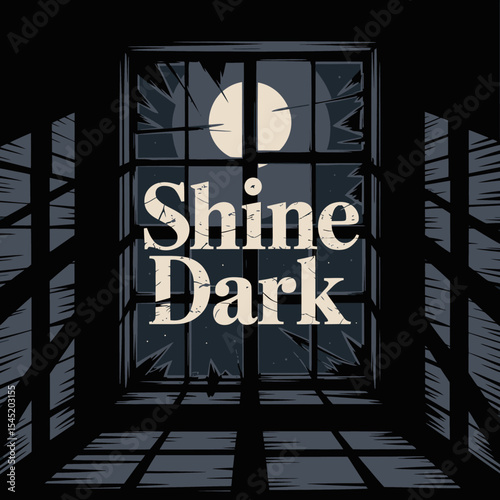 Night Scene Dark Room Window Moonlight Shine Dark Text Graphic Design Illustration Vector Art Image Background Poster Print Design Template Nighttime Shadow Room Interior Design Element grey stars    