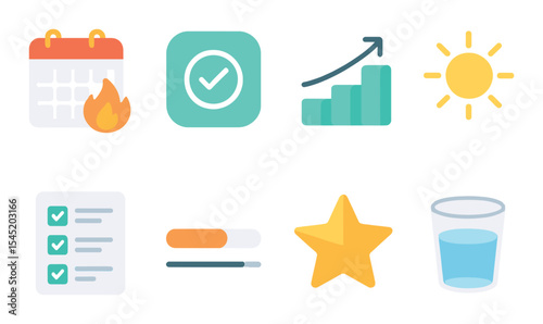 Habit building icons set - flat, daily routines and productivity symbols