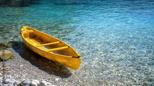 A yellow canoe sits on a rocky beach, surrounded by clear turquoise water, with a clear blue sky above and a small island in the distance.