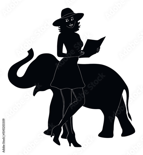 Woman in Silhouette Reading Near Elephant in Minimalist Design Style