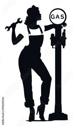 Elegant Silhouette of Woman with Wrench at Vintage Gas Pump Station