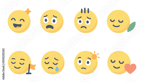 Emotions and self care icons set – flat, mood enhancement and mental wellness designs
