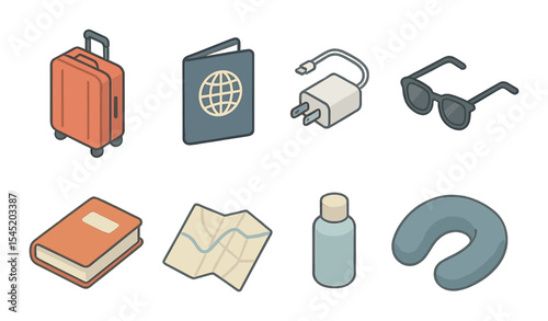 Travel and tourism essentials icons set – 3d, vacation and journey symbols