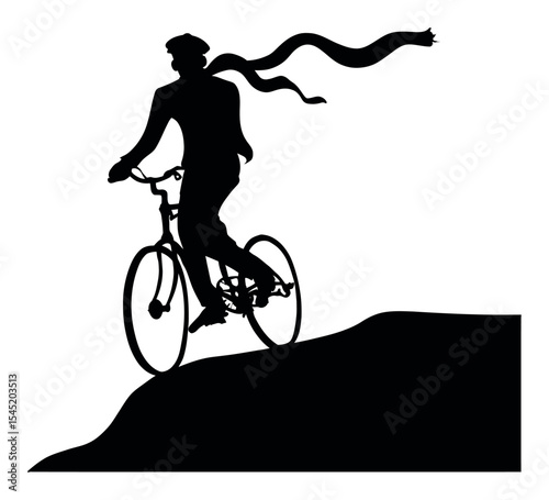 Silhouette of a Cyclist Riding with a Scarf on a Hilltop Against White Background
