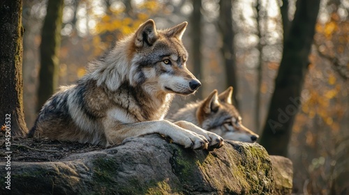 Two wolves, one adult and one young, resting on a rocky outcrop in a forested area with autumn foliage in the background.