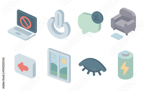 Digital detox icons set – 3d, technology and mindfulness symbol collection