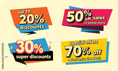 Four colorful and dynamic banners for sales and various discount offers. Ideal for e-commerce, digital ads, social media, and print, to powerfully promote sales with a modern aesthetic.