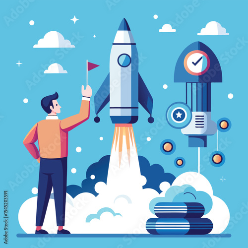 Business Startup Rocket Launch Vector Illustration of Success