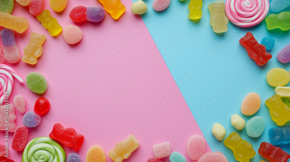 Fototapeta premium marco de dulces con un fondo rosa y azul tonos pastel