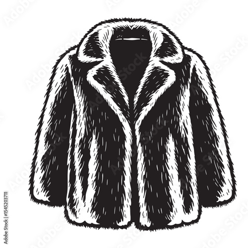 Elegant vintage black and white art silhouette illustration of a luxurious fur coat with a classic collar and full length design