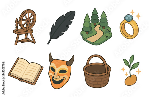 Folklore icons set – simple line style, myth and legend inspired graphics