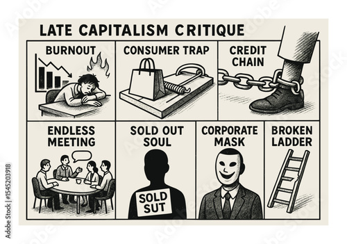 Late stage capitalism critique icons set – silhouette, economic, social commentary symbols