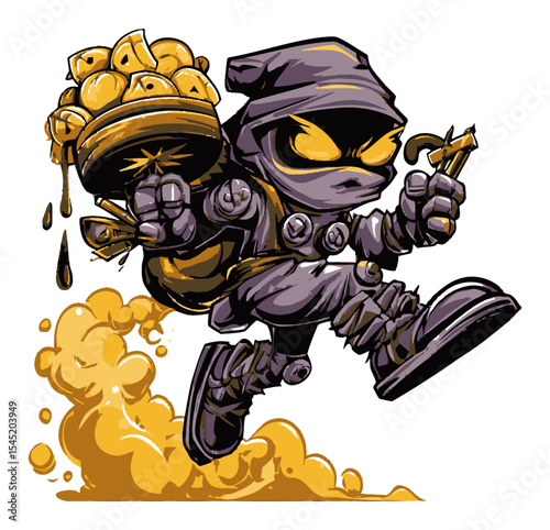 Dynamic Ninja Character with Loot and Energetic Action Pose in Vector Style