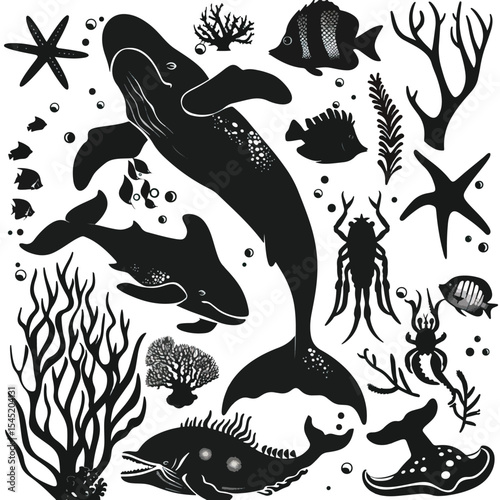 Sea life vector silhouette illustration set 