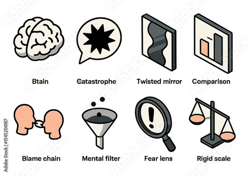 Cognitive distortion icons set – outline, psychological tools and mental health symbols
