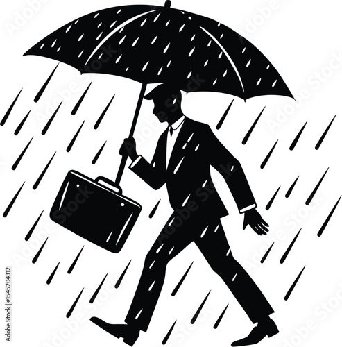 Rainy Day Businessman Holding Briefcase and Umbrella Silhouette Vector