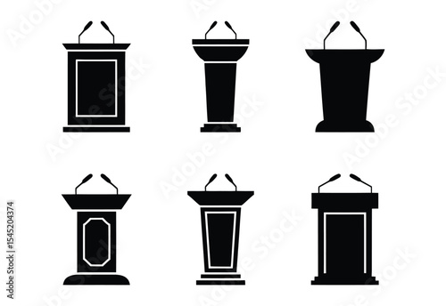 Six different styles of podiums with microphones