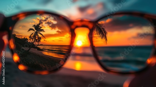 A pair of sunglasses with a beach scene reflected in the lenses, set against a vibrant sunset sky with palm trees and a clear horizon.